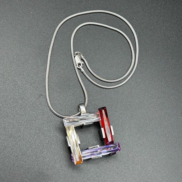 Estate 925 Sterling Multicolor Geometric Bars Cubic Zirconia Pendant Necklace - Picture 2 of 11